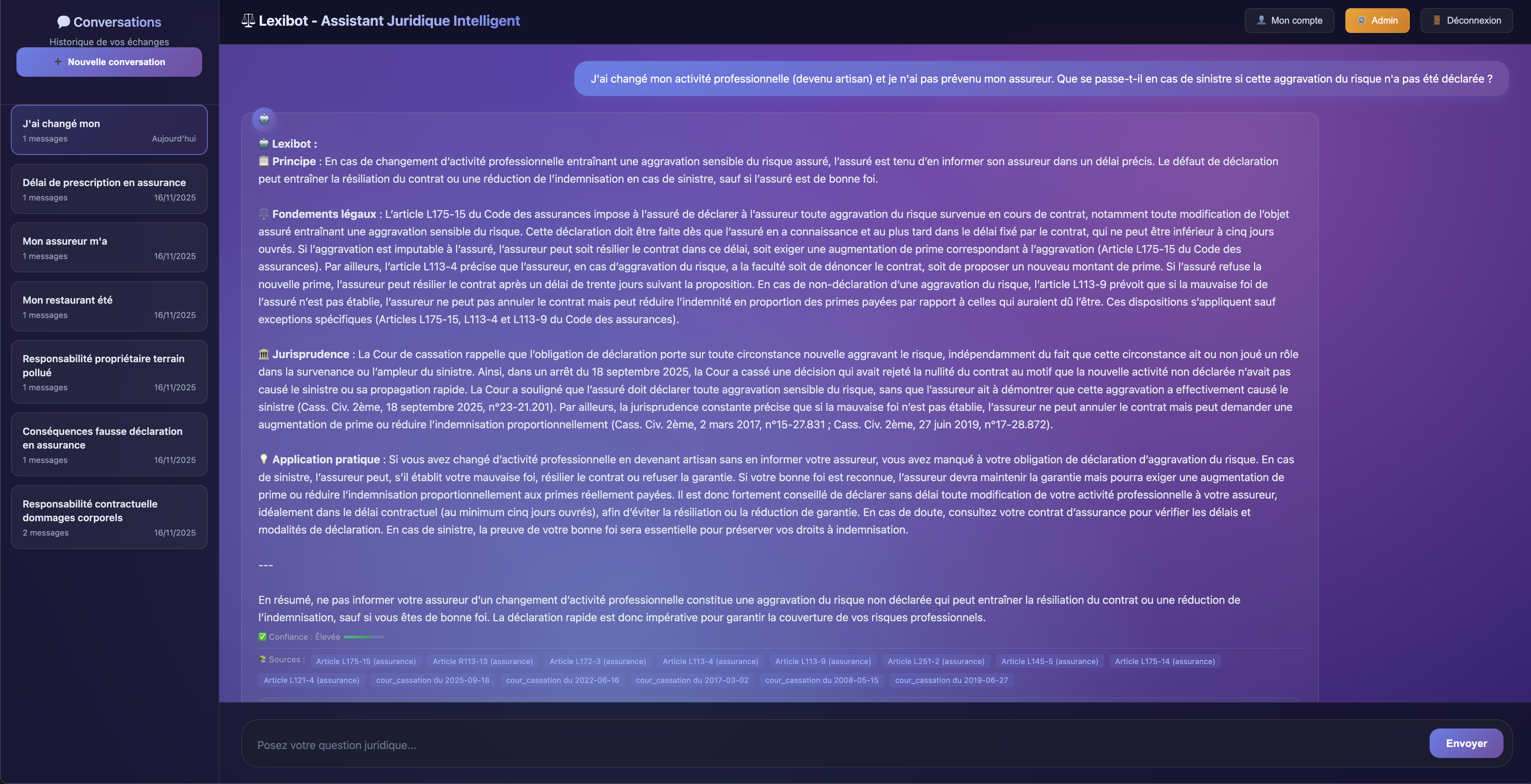 Interface Chat Juridique Lexibot - Recherche